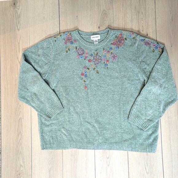 Alfred Dunner size 3X embroidered floral pale teal/ robin egg mint green sweater - Picture 1 of 5